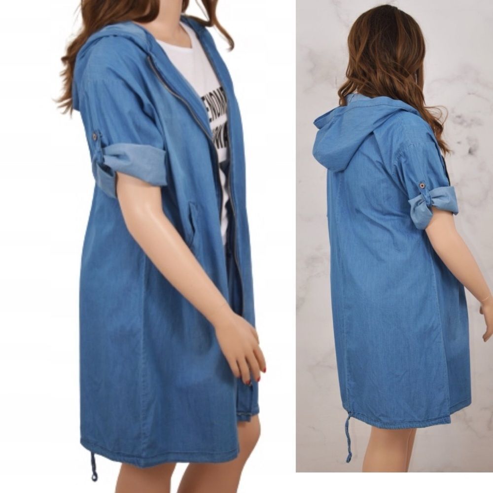 ACAR’E Lightweight Denim Chambray 3/4 Roll Sleeve Hooded Zip Tunic Jacket-3XL